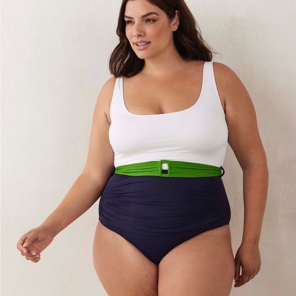 Anne Cole scoop neck belted white navy swimsuit - size 18 - Picture 2 of 10